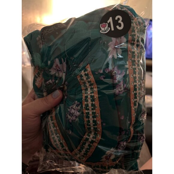 Rachel Zoe Green Floral Boho Peasant Top Puff Sleeves & Tassel Tie Neck Womens S - Picture 7 of 11